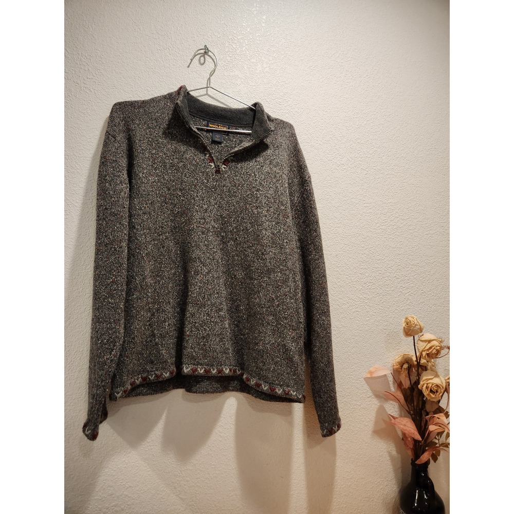 Woolrich XL Zip Sweater Charcoal Heather Gray Red Knit Made in Hong Kong Vintage
